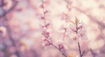 Fototapeta premium Blooming Cherry Blossoms in Spring with Soft Pink Hues and Sunlight