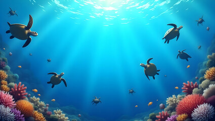 Fototapeta premium Serene Sea Turtles and Vibrant Coral Reefs Framing Ocean Preservation Space for World Oceans Day - Stunning Photo Stock Concept with Empty Space for Your Messages