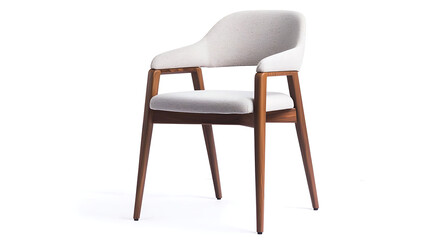 A wooden chair with a white cushion sits on a white background