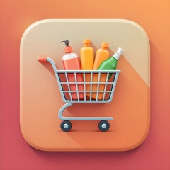 Shopping Cart Icon with Products: This image features a shopping cart icon filled with various cosmetic products such as shampoo and lotion.  Ai generated image.
