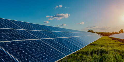 A bright landscape featuring solar panels aligned in rows under a clear blue sky, showcasing renewable energy and sustainable technology.
