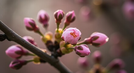 Blooming Cherry Blossoms on Branch with Pink Buds in Spring Sunlight