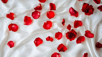 Elegant Red Rose Petals Scattered on Luxurious White Silk Fabric