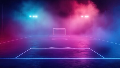 Neon Fog Envelops The Soccer Field: A Unique Setting At Center, Midfield For A Ured Game. A Scenic And Memorable Experience.