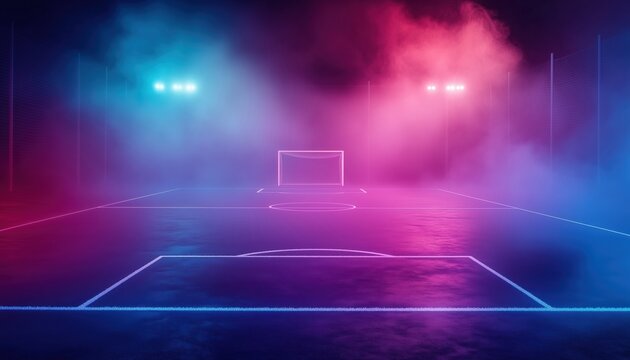 Neon Fog Envelops The Soccer Field: A Unique Setting At Center, Midfield For A Ured Game. A Scenic And Memorable Experience.