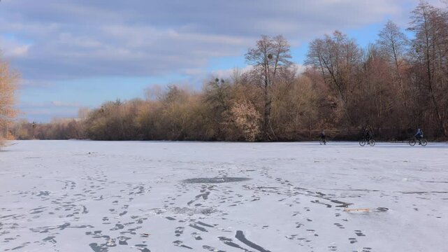 Frozen river in the forest. Winter landscape with river