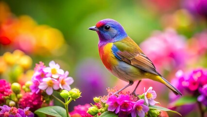 Vibrant Rainbow Bird Perched Amidst a Colorful Floral Display, A Stunning Scene of Nature's Beauty