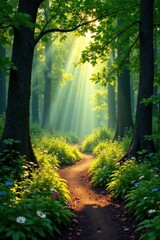 Fototapeta premium Serene Woodland Path Bathed in Golden Sunlight, a Mystical Journey Through Lush Greenery and Blooming Wildflowers