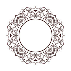 Intricate line art circular frame with floral and swirl patterns, featuring a scalloped outer edge, isolated on a white background.