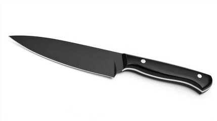 Fototapeta premium A sharp black kitchen knife displayed against a white background is visible