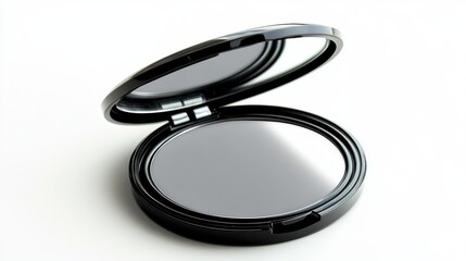 A compact mirror with the lid opened and reflecting light