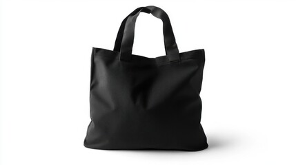 Fototapeta premium A black canvas tote bag stands against a white backdrop