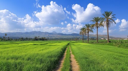 Countryside path through vibrant green fields under blue sky