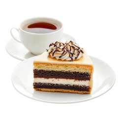 Delectable Cake & Tea: A tantalizing slice of multi-layered cake, adorned with a swirl of whipped cream and drizzled with chocolate, sits invitingly beside a steaming cup of tea.