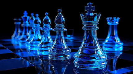 Blue Chess Pieces with Glowing Blue Reflection