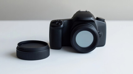 A black digital camera sits beside a lens cover