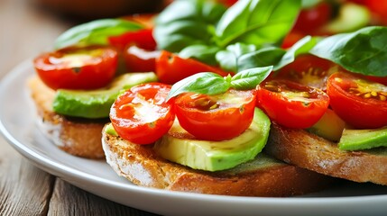 Fresh and Healthy Avocado Toast with Cherry Tomatoes and Fragrant Basil on Clean White Plate
