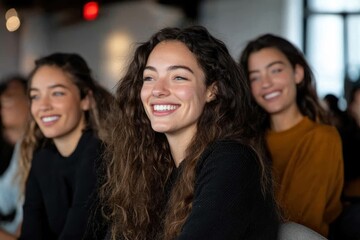 Obraz premium A group of three young women sitting together, radiating joy and camaraderie, showcasing the beauty of friendship during a vibrant social gathering.