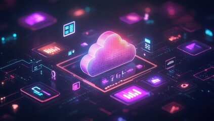 Fototapeta premium Vibrant Cloud Computing Background with Colorful Icons and Data Visualization Elements for Digital Technology and Innovation Themes