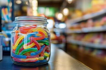 Colorful gummy candies in glass jar at grocery store