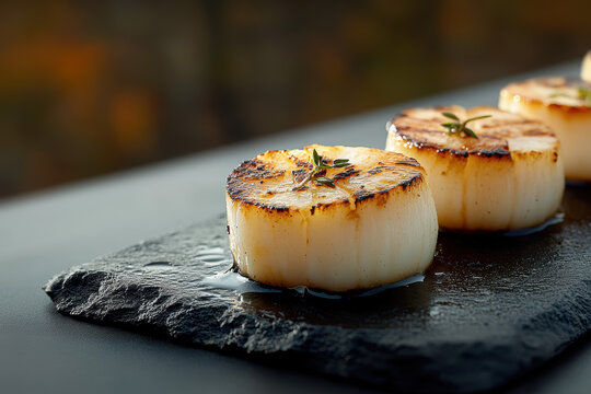 Saint-Jacques dor&eacute;es sur pierre noire, sauce l&eacute;g&egrave;re, pr&eacute;sentation &eacute;l&eacute;gante