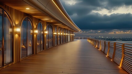 Obraz premium Scenic walkway with elegant lighting and city view at dusk.