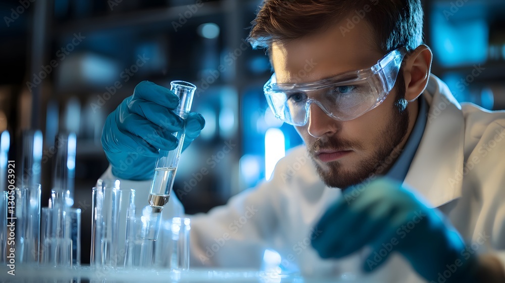 Poster young scientist conducting experiment in laboratory with test tubes
