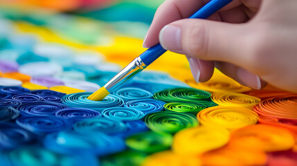 Naklejka premium Hands meticulously create intricate designs using colorful paper strips and a brush in daylight