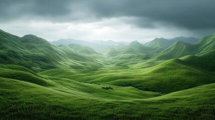 Obraz premium Lush green mountains under a dramatic cloudy sky.