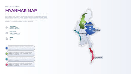 Total Area, Papulation, States & More Detailed Infographic Map of Myanmar. Myanmar country map infographic colored vector template with regions and pointer marks.