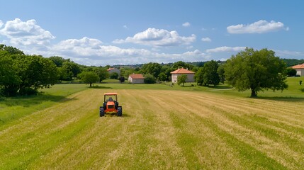 Naklejka premium A vibrant landscape featuring a tractor cutting grass in a lush green field under a clear sky