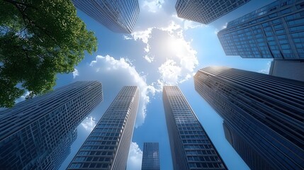 Skyscrapers reaching towards a bright sky with clouds above.