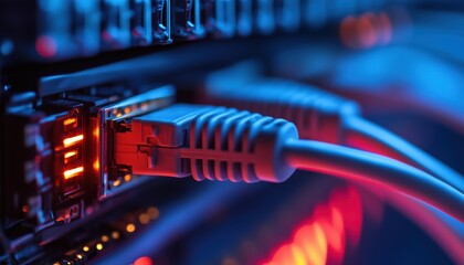 Close-Up Shot Of Network Cable Connecting To Network Core Switch, Capturing The Connection In Detail For Maximum Clarity And Performance.