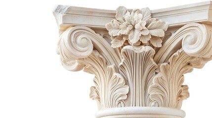 Naklejka premium Ornate Corinthian Capital with Elaborate Floral Carvings and Fluted Design on White Background
