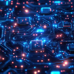 Abstract Circuit Board Design with Glowing Blue and Orange Lights