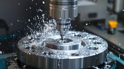 CNC machining, metal part, coolant spray, factory background