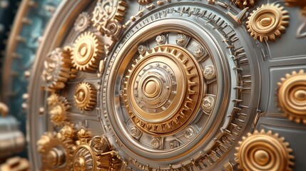 Obraz premium Intricate golden gears and mechanisms on a vintage device close-up.