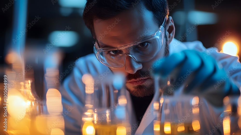 Poster Scientist Conducting Experiments with Laboratory Glassware and Reagents
