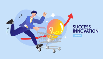 Fototapeta premium Business innovation concept with businessman in a suit running with shopping cart carrying a glowing light bulb, symbolizing creative ideas success. Red upward arrow represents growth and achievement.
