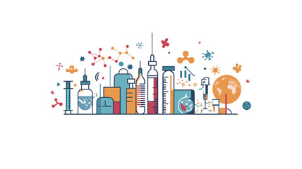 A stylized illustration depicting a cityscape composed of various scientific instruments and symbols.  The style is flat vector design with thin lines and muted color palette.  Elements