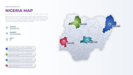 Naklejka premium Total Area, Papulation, States & More Detailed Infographic Map of Nigeria. Nigeria country map infographic colored vector template with regions and pointer marks.