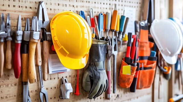 A tidy arrangement of construction helmets and gloves hangs on a wall at a construction site workshop. The vibrant colors of the helmets contrast with the tools neatly organized nearby