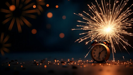 Sparkling fireworks and clock hands border with dynamic copy space for New Year resolutions concept as Bright fireworks and clock hands creating dynamic space for New Year resolution texts in Photo S