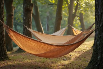 A Couple of Hammocks Hanging From Trees in a Wooded Area - Generative AI
