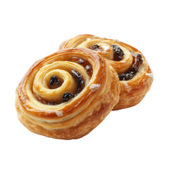 Fototapeta premium Golden Swirls of Delight: Two freshly baked cinnamon swirls, with a glistening glaze and plump raisins, are captured in a close-up shot.
