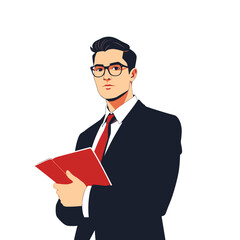 Serious businessman holding a notebook with a focused expression against a white background