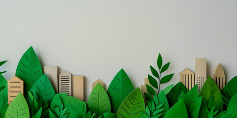 A creative depiction of a cityscape intertwined with green leaves, symbolizing the harmony between urban environments and nature.