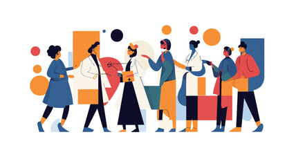 The image is a stylized vector illustration depicting a diverse group of individuals, including what appear to be healthcare professionals and patients, engaged in conversation. The figures