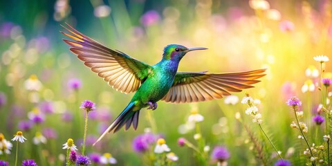 Obraz premium A vibrant hummingbird in flight, wings outstretched, amidst a field of wildflowers bathed in the warm glow of sunlight, a breathtaking scene of natural beauty