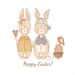 Cute Easter Bunnies with Hearts in Pastel Colors
